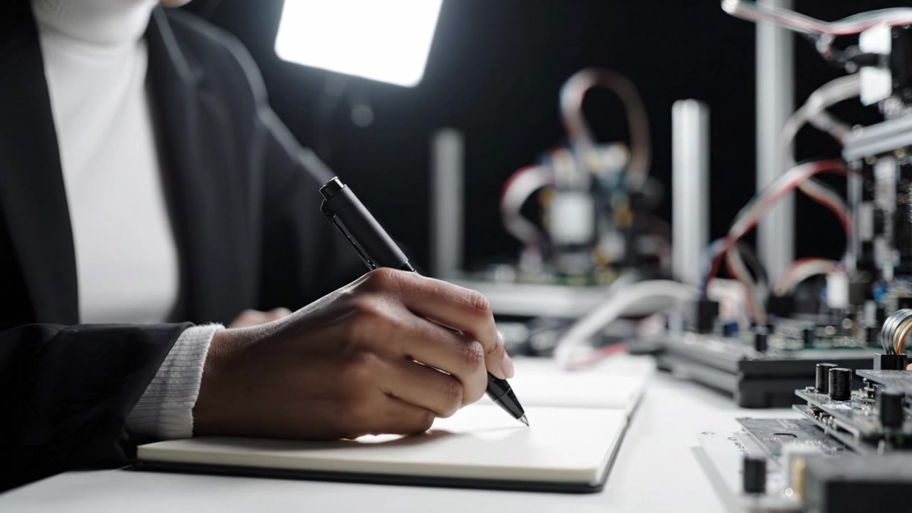 A focused individual writing notes while surrounded by intricate electronics and computer components, highlighting the fusion of creativity and technology in innovation.