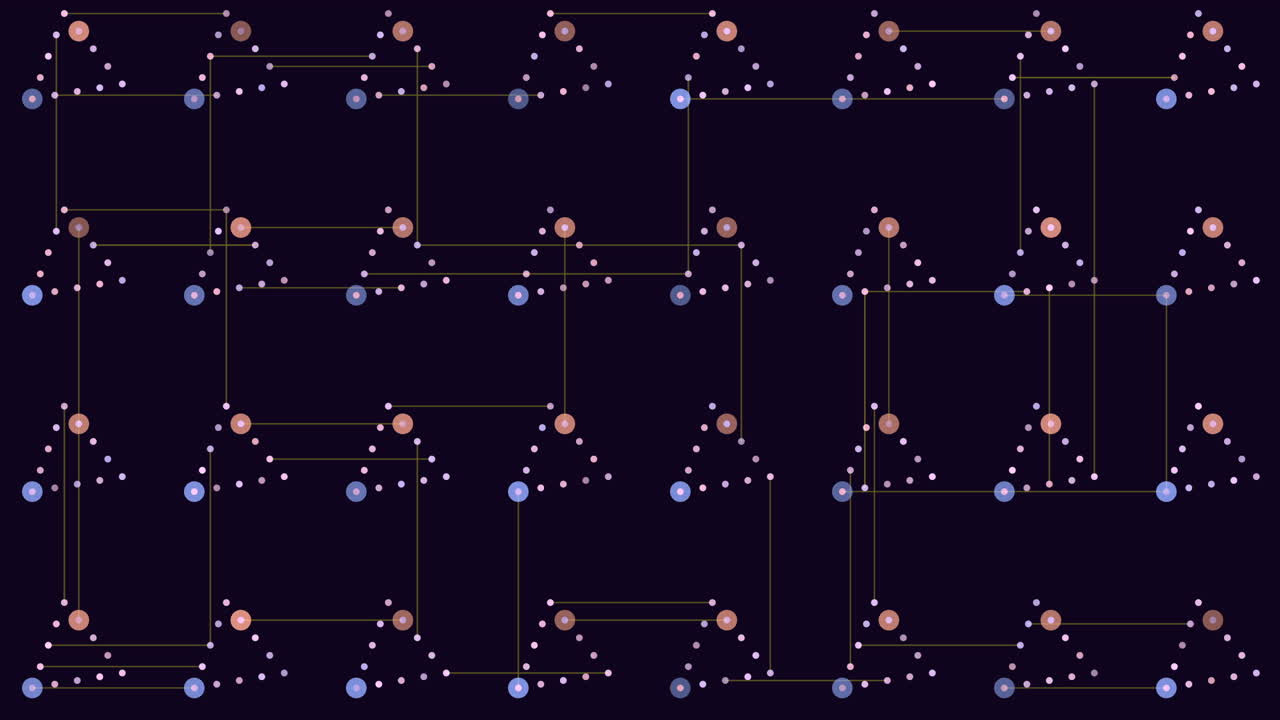 검은 바탕에 연결된 보라색과 초록색 점 체인 패턴