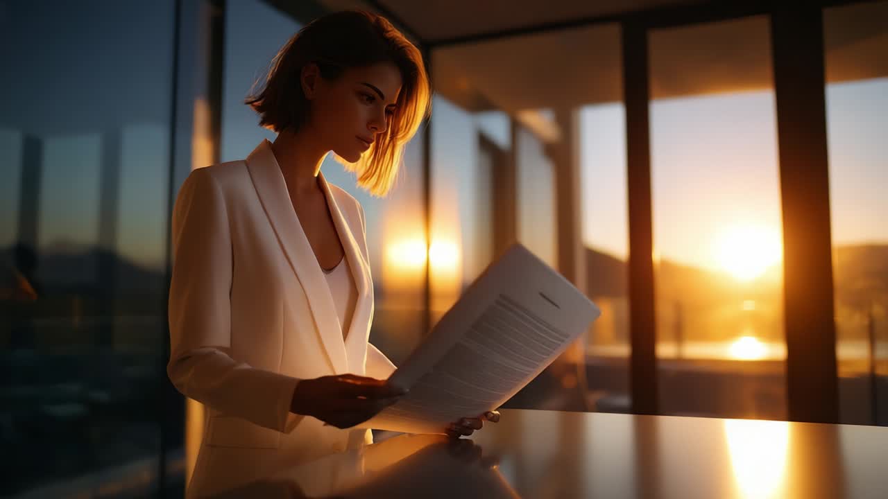 Confident Businesswoman Analyzing Documents in Modern Office at Sunrise