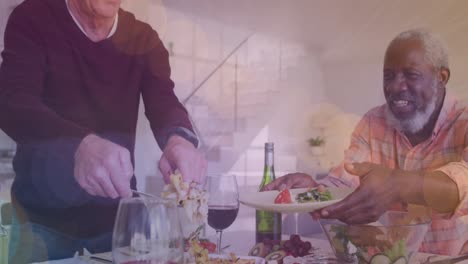 animación de puntos de luz sobre un grupo diverso de ancianos comiendo