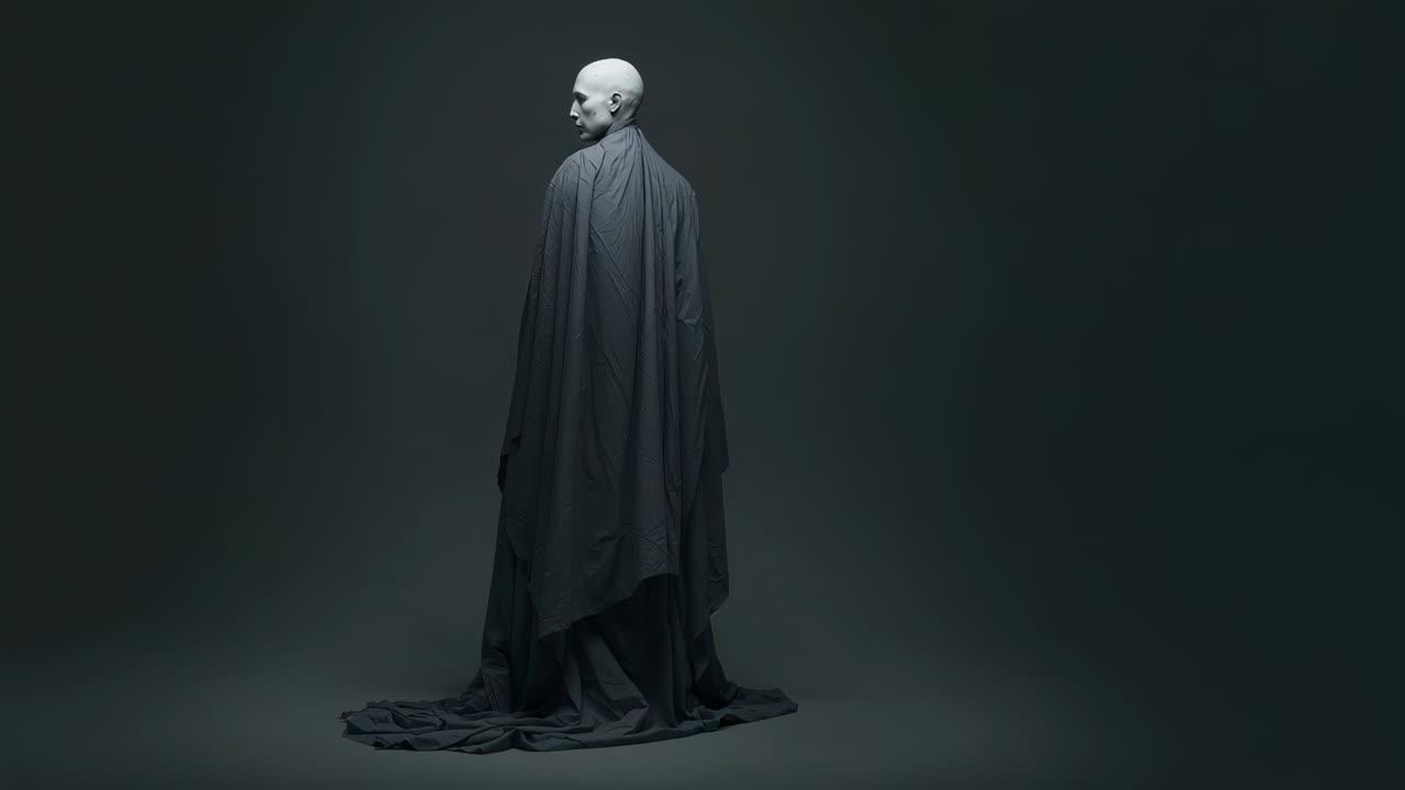 Stüdyoda dönen erkek modelini başlatan ışık ipucu, spot ışığı altında pelerin ve body’yi ortaya çıkarıyor