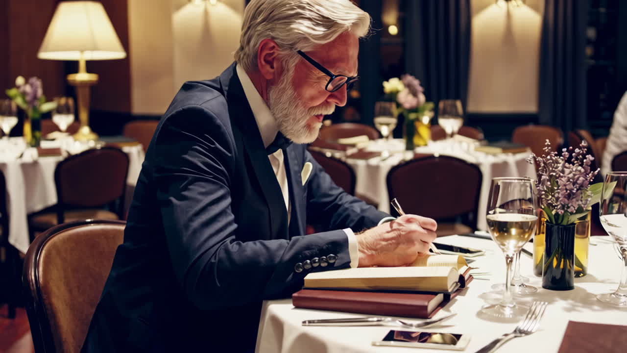 Elderly Gentleman Reading at a Formal Dinner