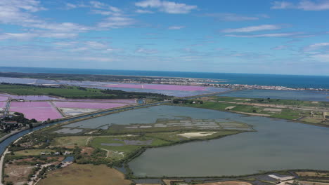 canal rhone to sete ponds and pink salt lakes aerial view aigues mortes france