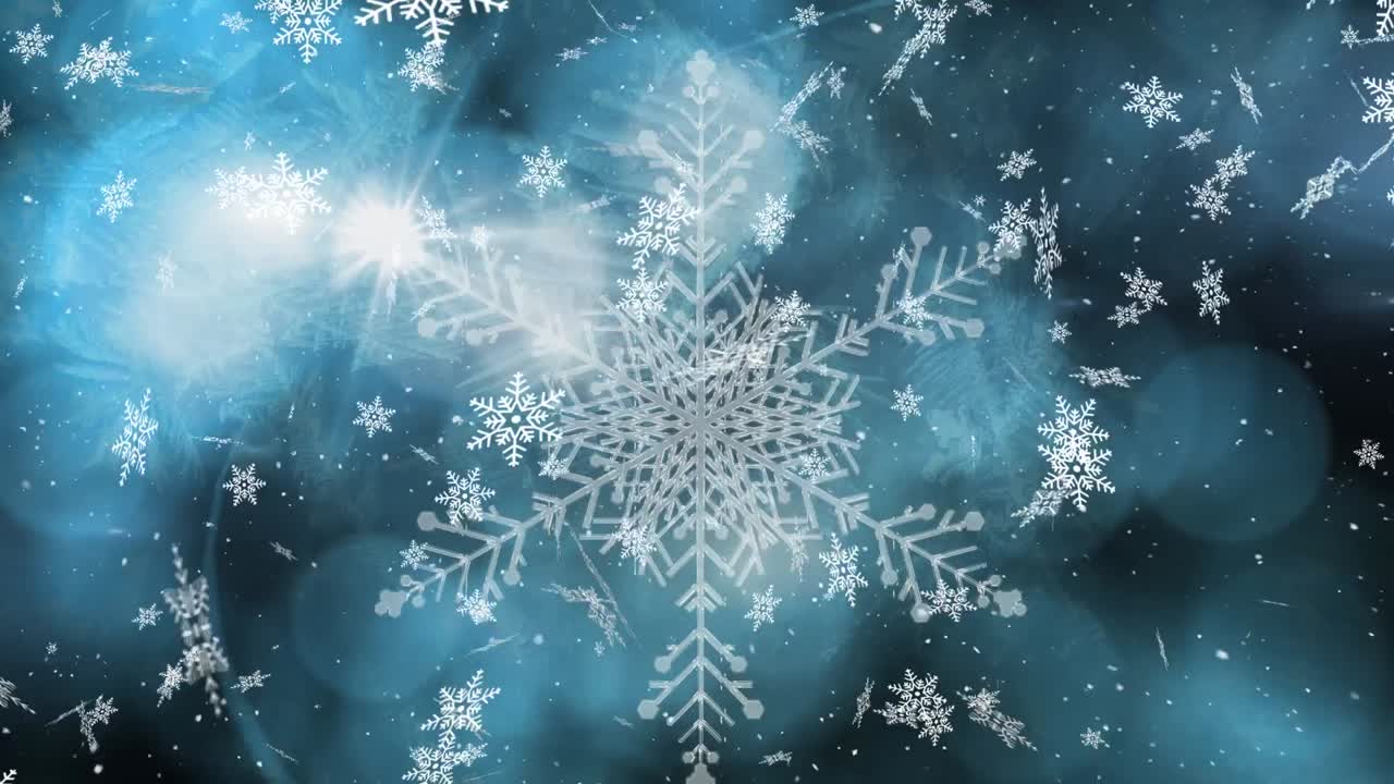 Animación de nieve cayendo sobre puntos de luz en un fondo azul en Navidad.