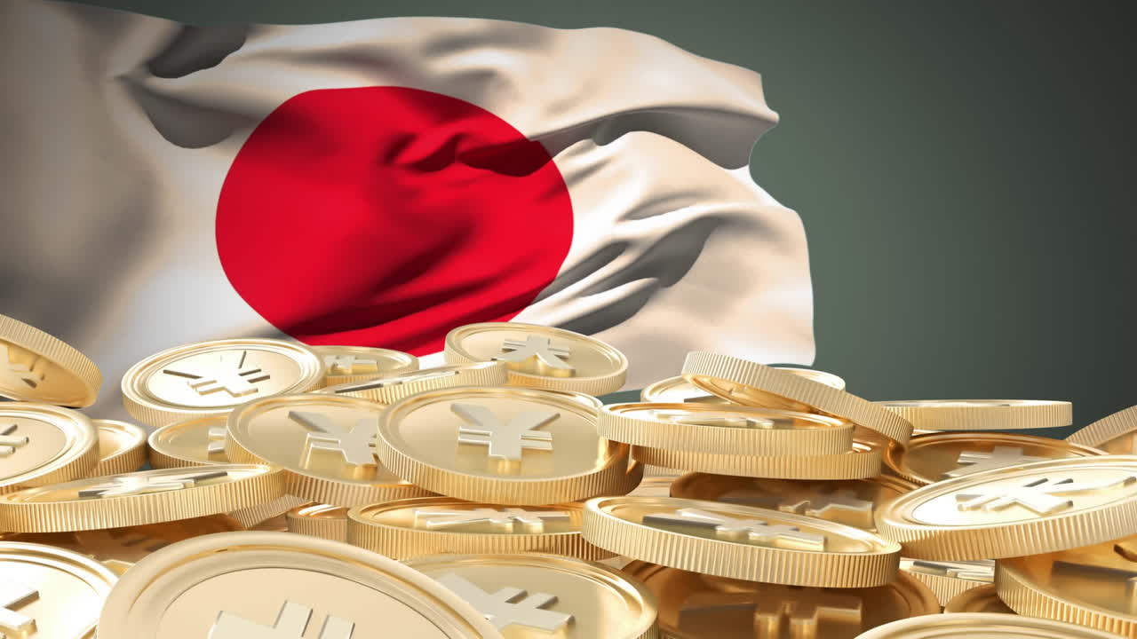 Animación de bandera japonesa ondeando sobre monedas de oro