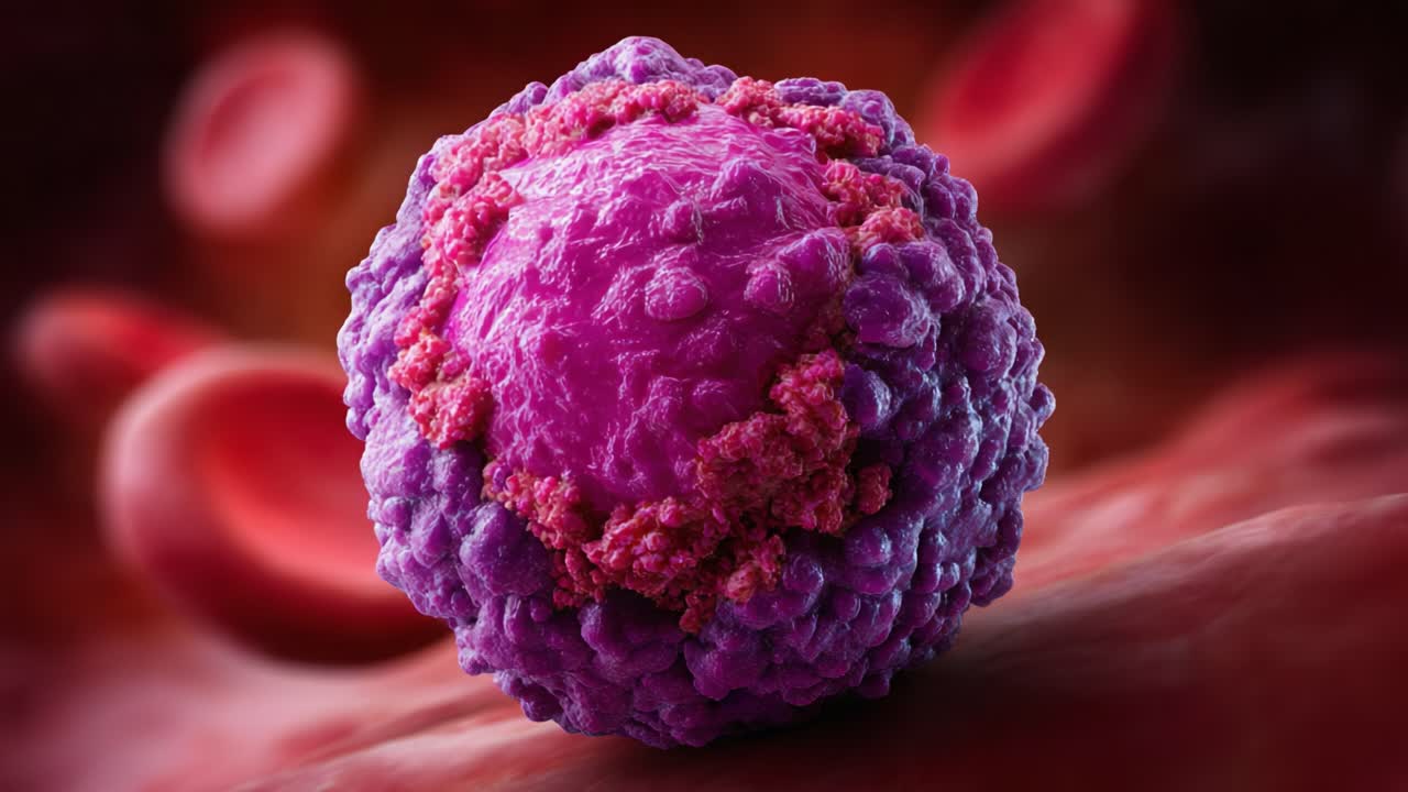 Microscopic View of a Purple Cancer Cell Amidst Red Blood Cells, Showcasing Abnormal Growth and Structure in a Biology Examination of Cell Pathology