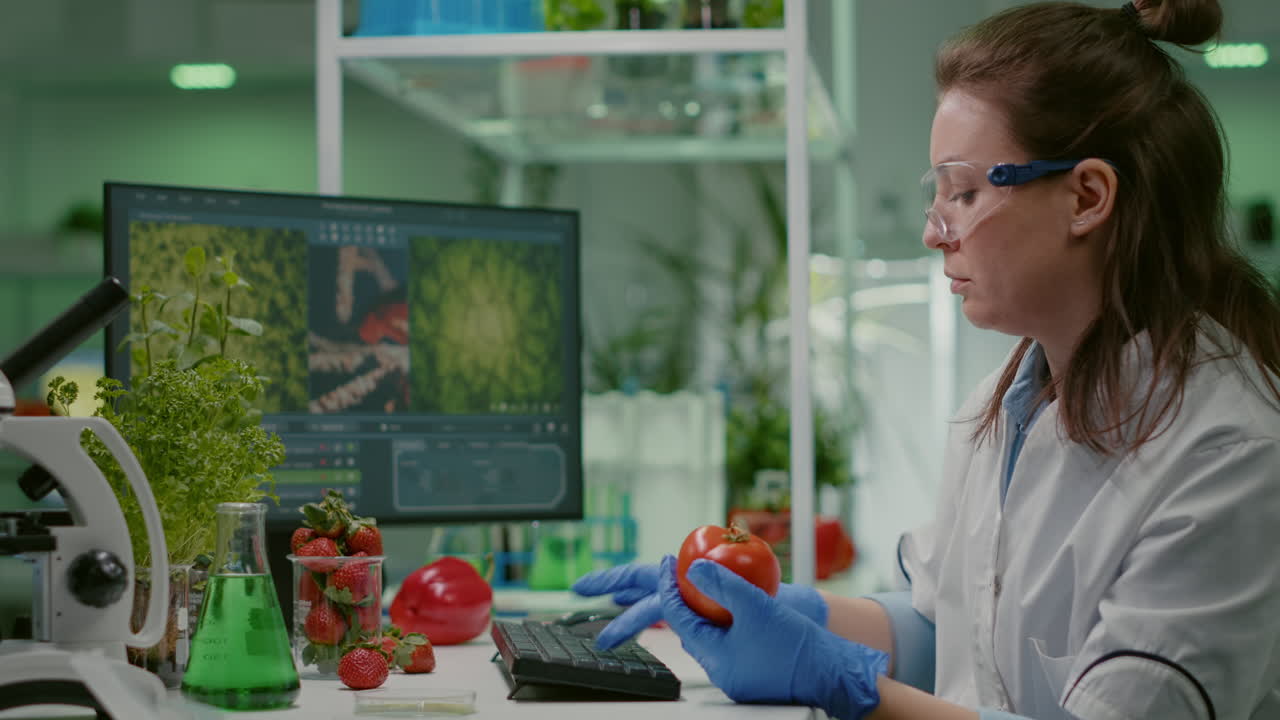 Pharmaceutical chemist examining tomato for microbiology experiment