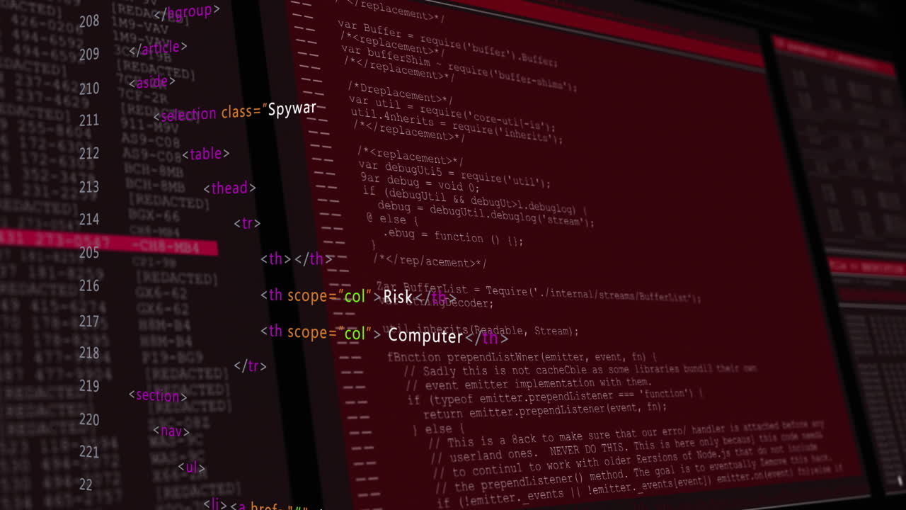 Animation of red lines over data processing on dark background