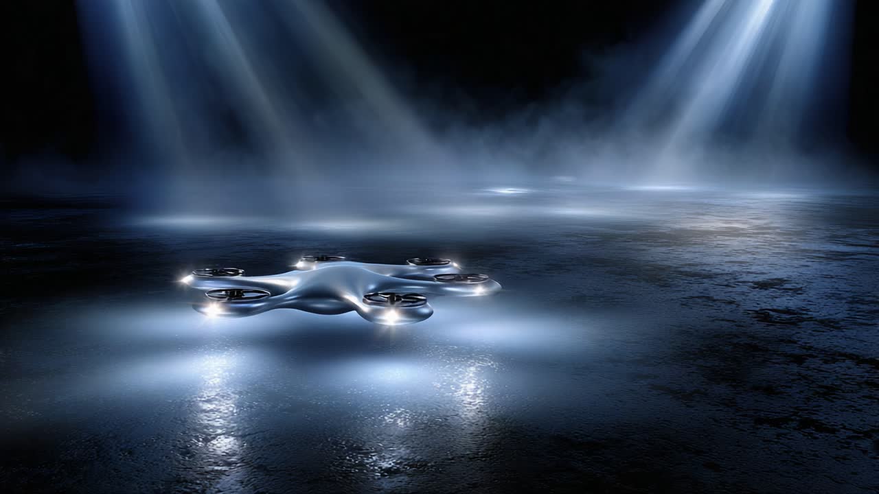 A Futuristic Drone Gliding Through a Mysteriously Lit Atmosphere, Showcasing Innovative Design and Advanced Technology Amidst an Enigmatic Dark Setting