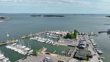 aerial view around boats at the lauttasaari marina, in sunny helsinki, finland