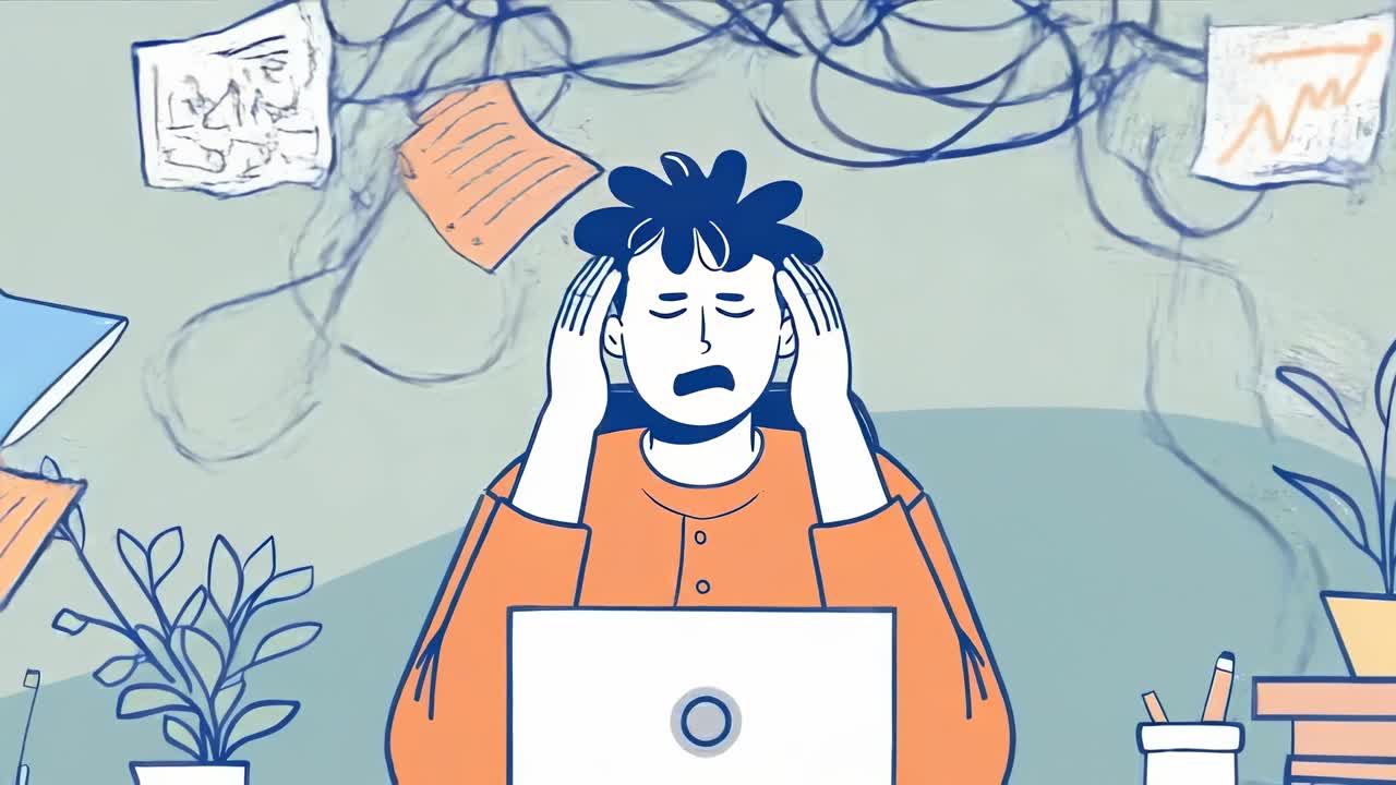 Animated Person Feeling Stressed and Overwhelmed at Work Desk