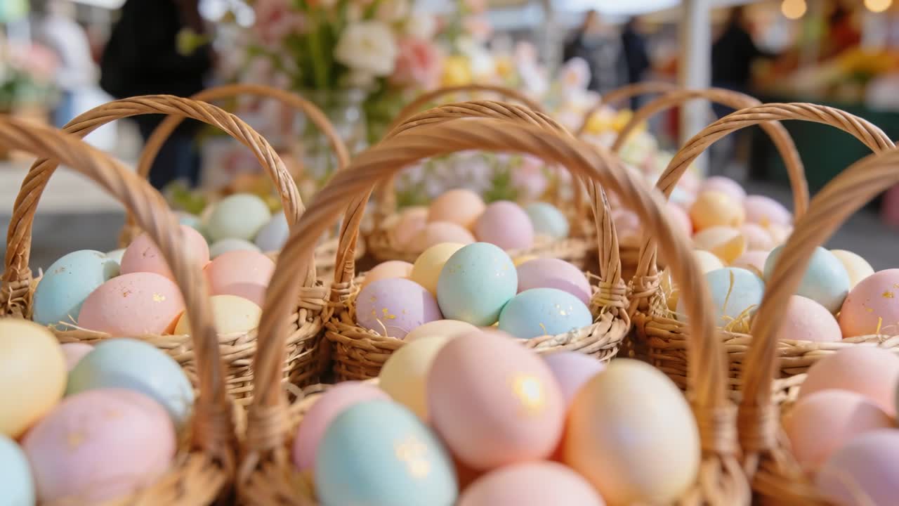 Camera moving forward at market stall, highlighting central wicker baskets filled with pastel eggs