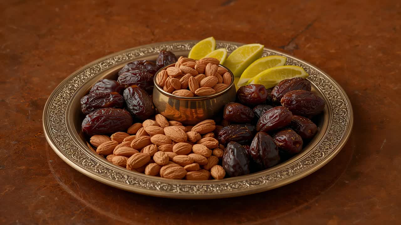 Panning camera revealing brass platter food still life on marble top showing almonds dates lemons
