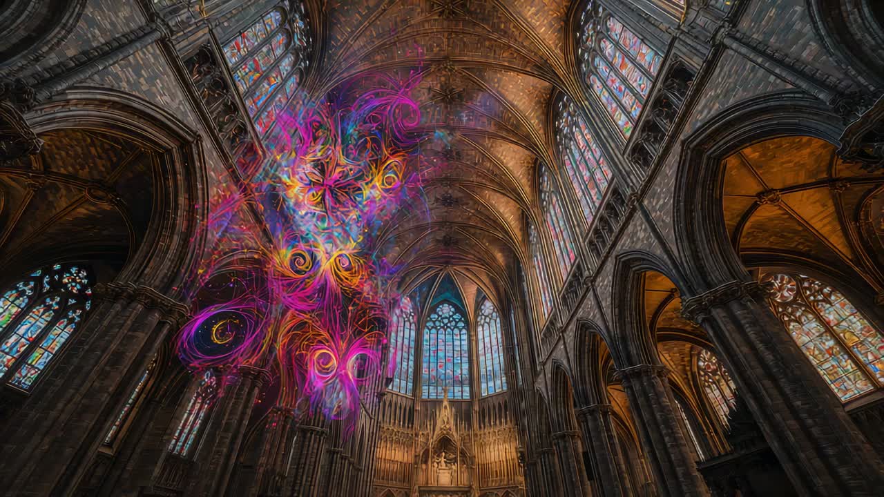 Emerging light swirl expanding, spiraling under Gothic nave stained glass, as projection art
