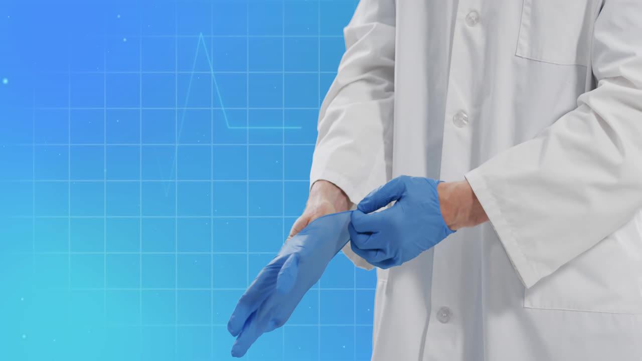 animación de cardiógrafo con un médico caucásico con guantes médicos en fondo azul