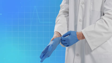 Animación-De-Cardiógrafo-Con-Médico-Caucásico-Usando-Guantes-Médicos-Sobre-Fondo-Azul