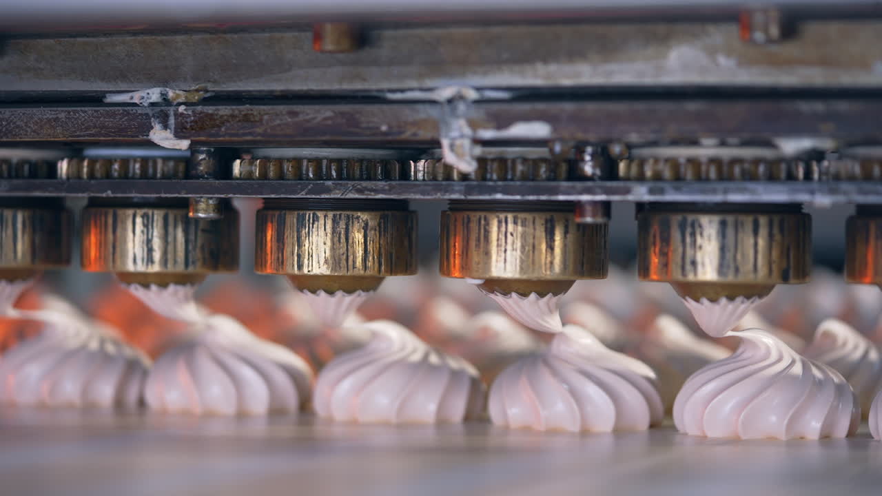 Rotating metal nozzles lay creamy substance on the conveyor belt to create beautifully-shaped marshmallows. Close up. Food factory concept.