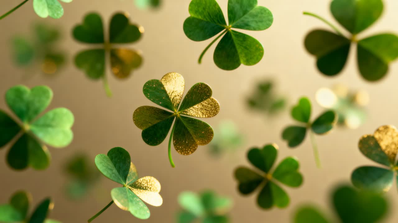 Drifting fourleaf clovers rotating on beige backdrop as camera pushing, revealing gold flecks