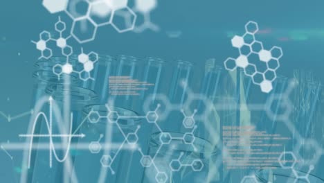 animación del procesamiento de datos y la fórmula química sobre tubos de ensayo