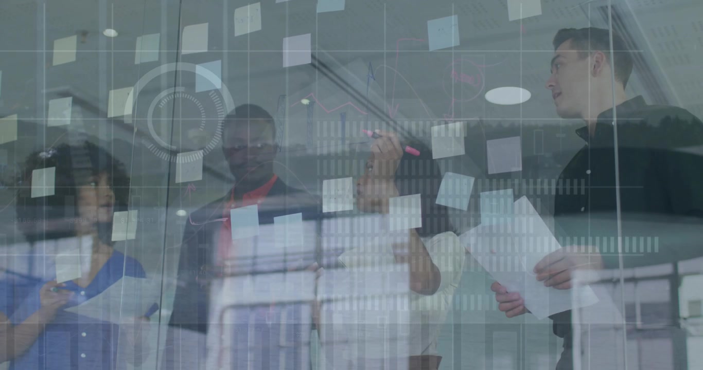 Animation of financial data processing over business people working in office