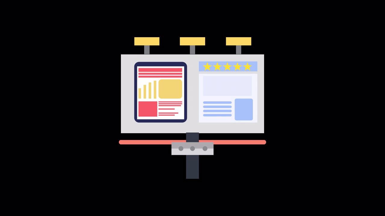 Animated Billboard Displaying Marketing Data and Customer Reviews