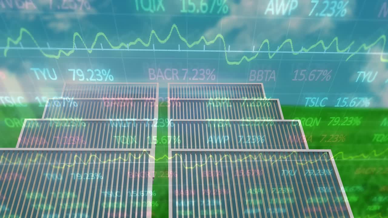 태양 전지 패널과 풍경에 대한 금융 데이터 처리 애니메이션