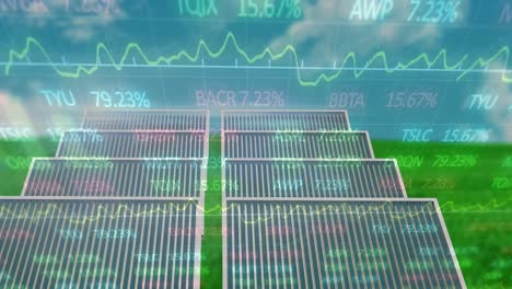 animación del procesamiento de datos financieros sobre paneles solares y paisaje