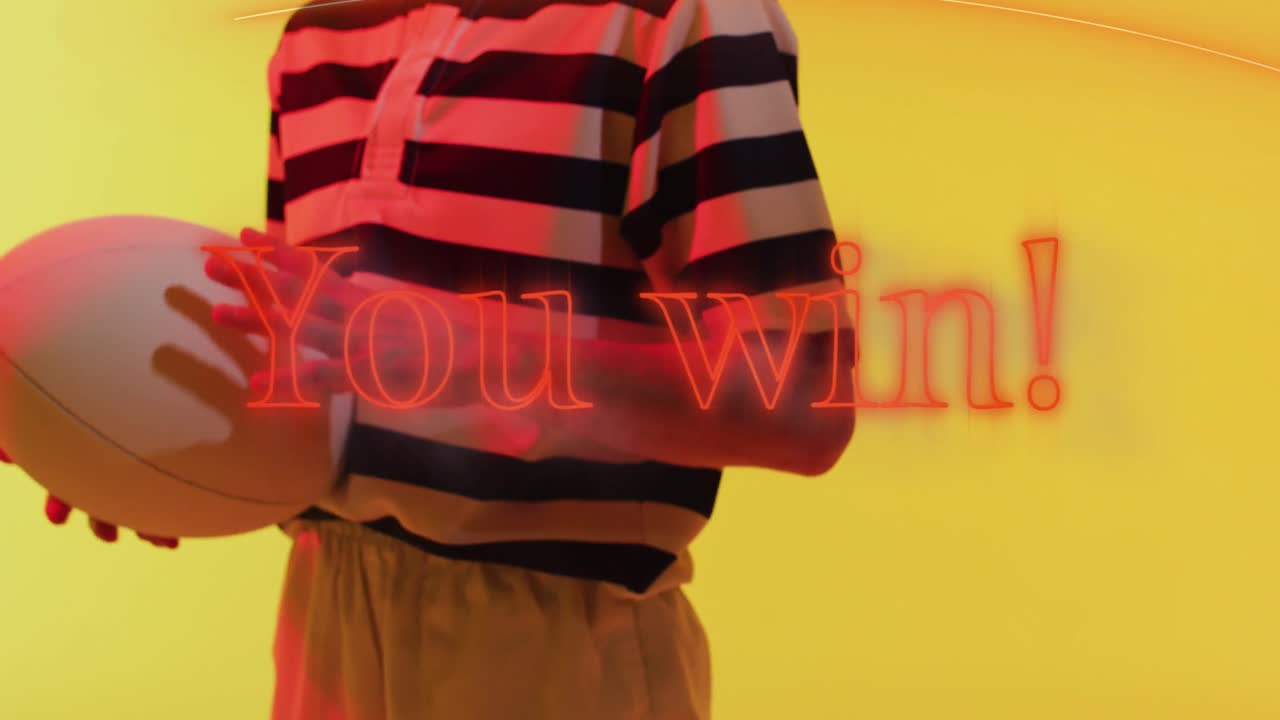 animación de usted ganar texto sobre jugadora de rugby femenina en fondo de neón