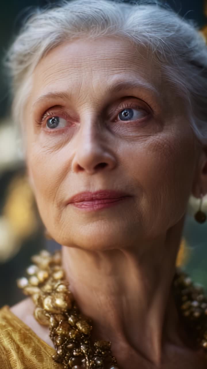 Elegant Portrait of an Older Woman with Graceful Features, Highlighting Her Beautiful Eyes and Rich Jewelry, Emphasizing Timeless Beauty and Poise