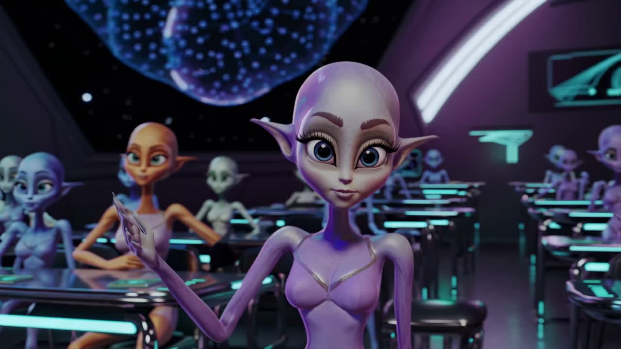 Purple skinned alien student with large blue eyes and pointy ears raising her hand in a futuristic classroom, surrounded by fellow extraterrestrial learners and a holographic display