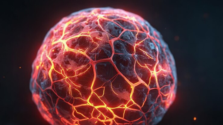 Primo piano dinamico di una sfera vulcanica: Lave in eruzione e crepe scintillanti catturate con dettagli mozzafiato, evidenziando l'intensa energia e il fuoco sotto la superficie terrestre, immagini che evocano la potenza della natura.