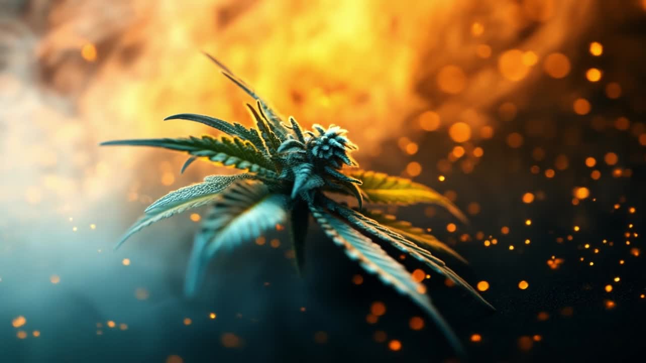 Flames engulfing a cannabis plant. A cannabis plant with detailed leaves stands out against a fiery background, creating striking contrast.
