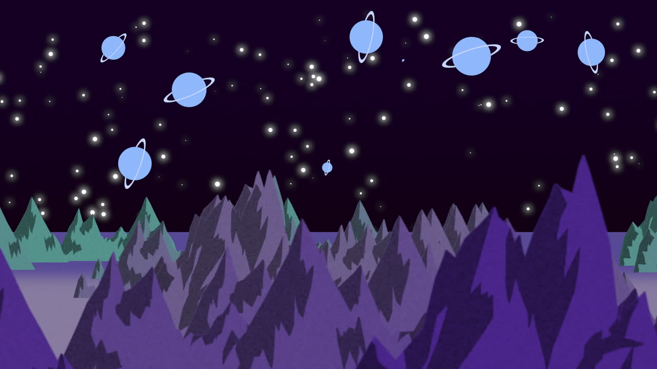 Fundo de animação de desenho animado com planetas e montanhas no espaço, cenário abstrato