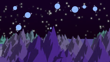 Cartoon-Animationshintergrund-Mit-Planeten-Und-Bergen-Im-Abstrakten-Hintergrund-Des-Weltraums