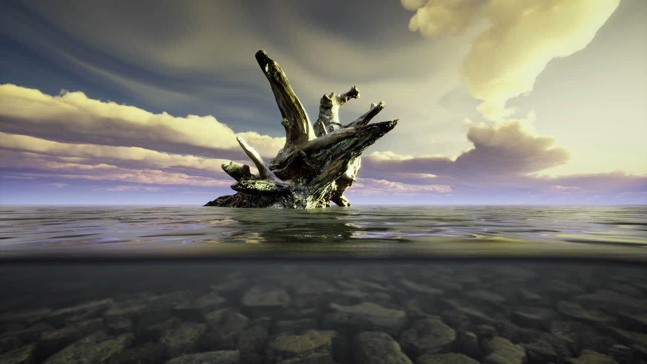 Majestic driftwood rises from tranquil water beneath a colorful sky