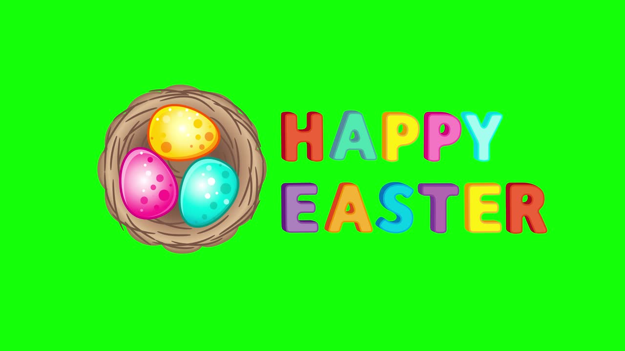 빛나는 부활절 달과 함께 둥지를 짓고 녹색 화면에 4k 만화 애니메이션, 투명한 사용을위한 크로마 키 배경