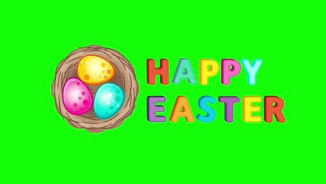 text happy easter and nest with bright easter eggs. 4k cartoon animation on a green screen, chroma key background for transparent use
