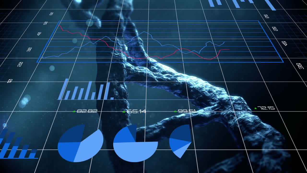 animación de gráficos azules y estadísticas que se forman sobre una tensión de adn girando