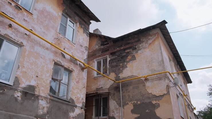 Exterior de edificio viejo y deteriorado