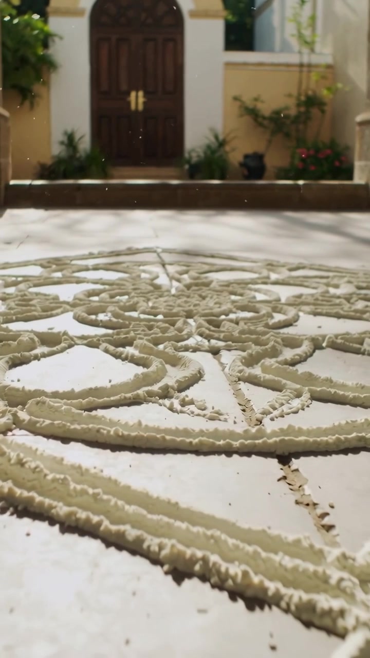 Video vertical: Cámara alejándose revelando un mandala de arena en un porche de azulejos para mostrar puertas dobles, polvo.