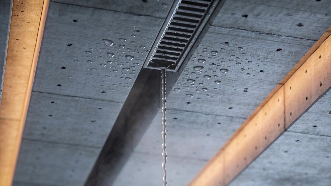 Leaking metal grate's small gap sending thin stream in lobby, forming and dropping droplets