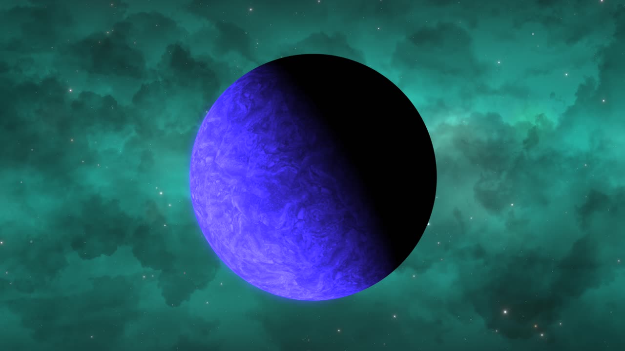 CGI close up of cloudy bright neptune-like blue alien planet slowly rotating in front view with a light green nebula cloud in the background, deep space, wide view