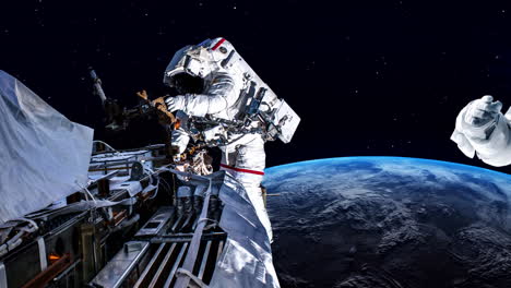 Astronauten-Raumfahrer-Machen-Einen-Weltraumspaziergang,-Während-Sie-Für-Eine-Raumfahrtmission-Arbeiten