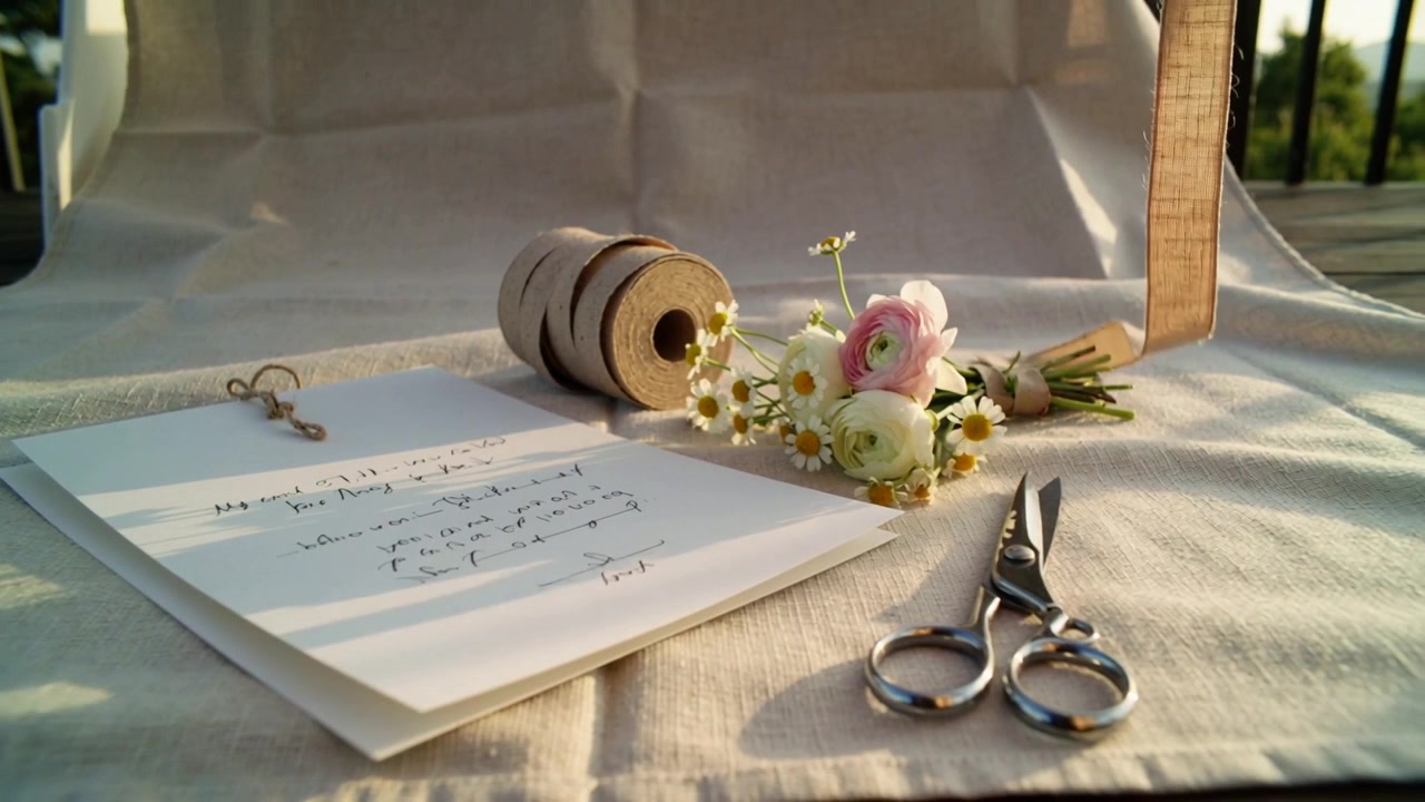 Unfurling ribbon from spool, arcing on balcony by breeze, with handwritten note heart charm