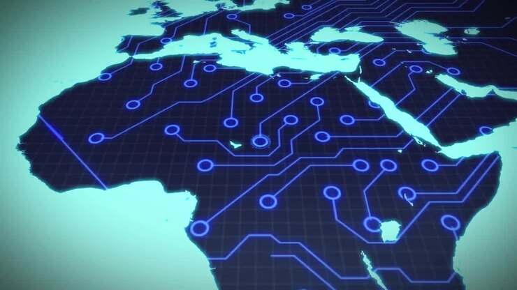 Animation of world map with computer circuit board on black background