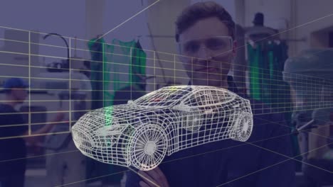 Animación-De-Un-Coche-En-3D-Sobre-Un-Hombre-Con-Gafas.