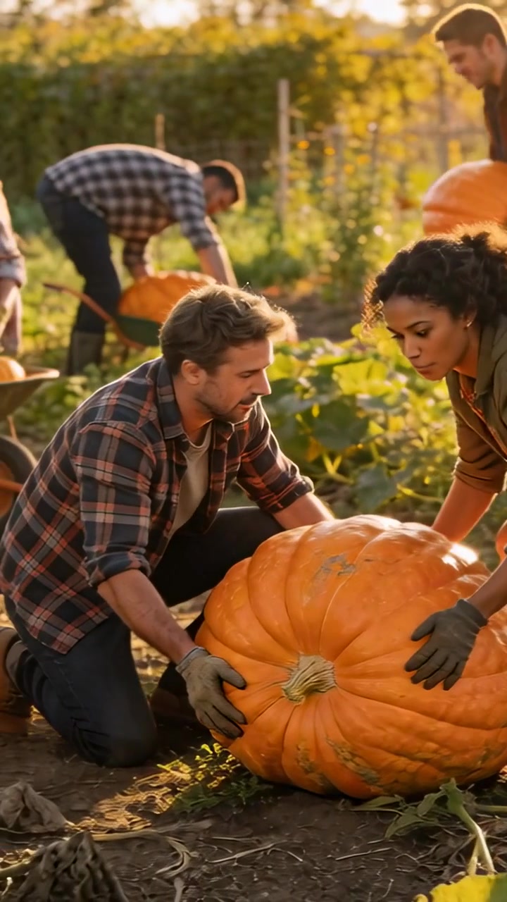 Vidéo verticale: Repérant la maturité, une paire de mains gantées roulant une citrouille vers une brouette dans un champ de citrouilles.