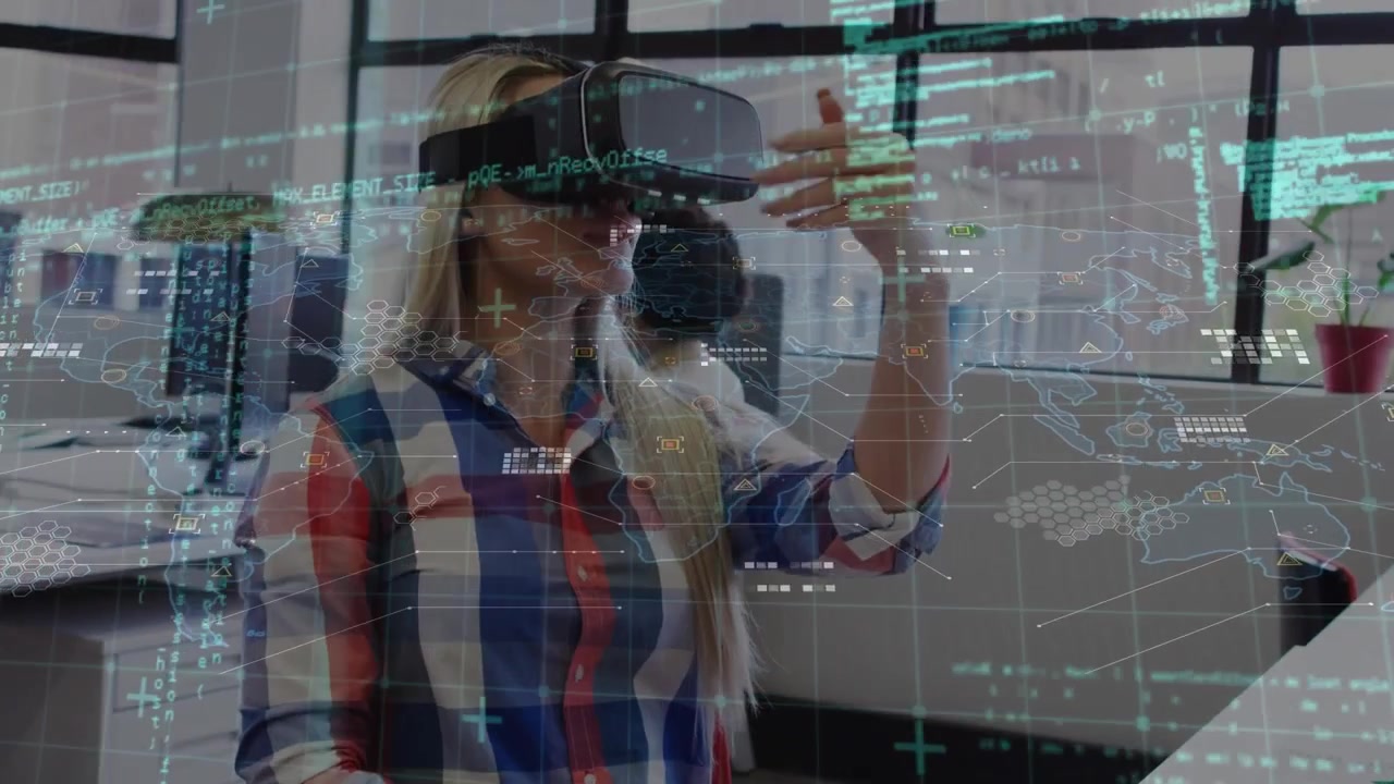 Animation of data processing over caucasian businesswoman in office