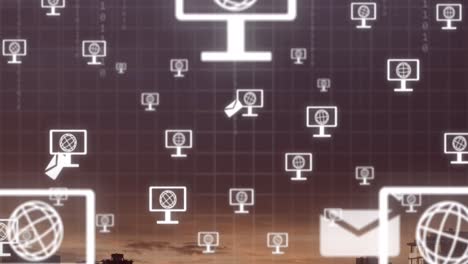 animación de una red de iconos de pantalla con globos sobre el paisaje.