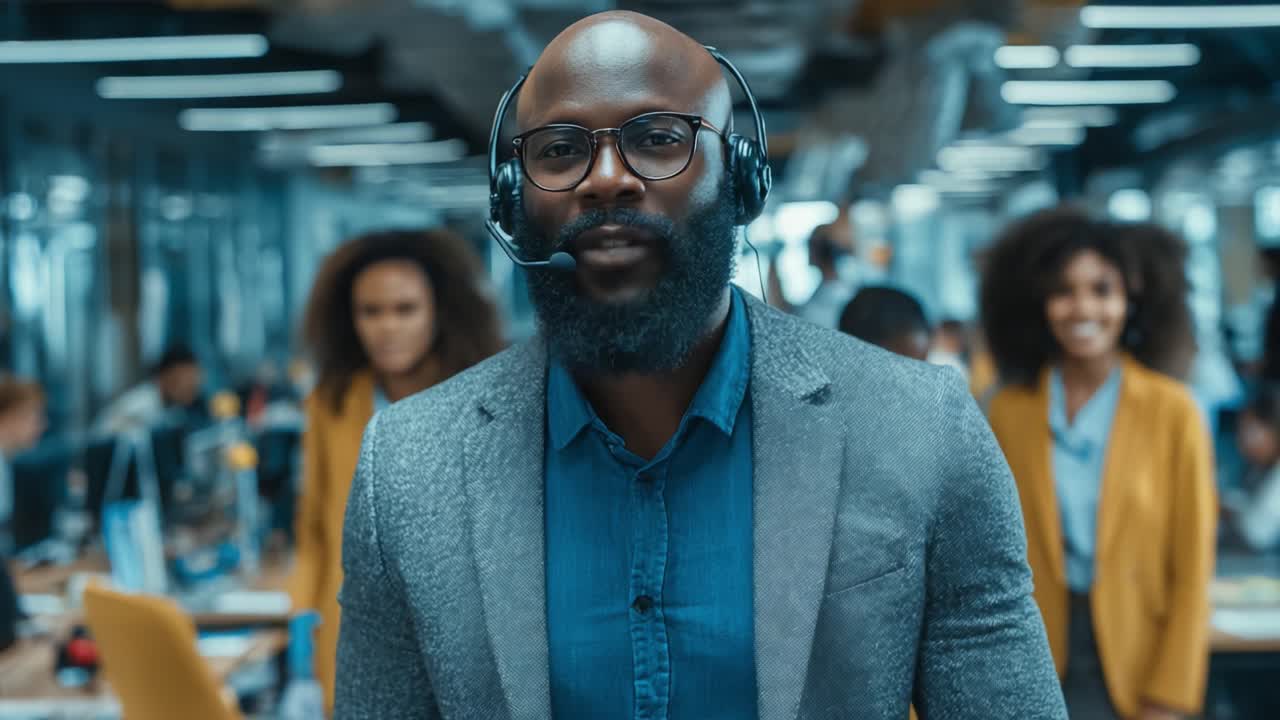 Professional Call Center Agent Engaging with Team in a Modern Office Environment Focused on Customer Service and Collaboration with Technology Support